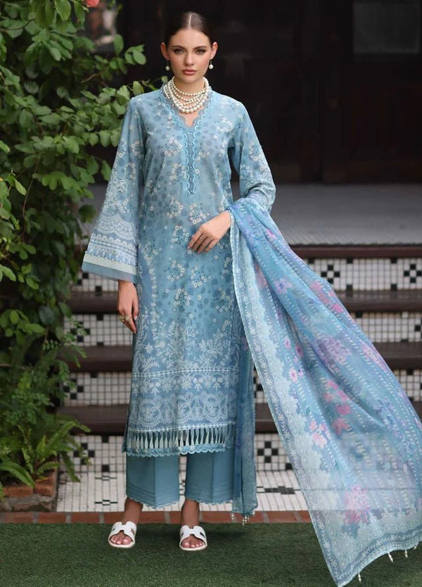 Model wearing Nureh Swiss lawn stitched suit with chiffon dupatta