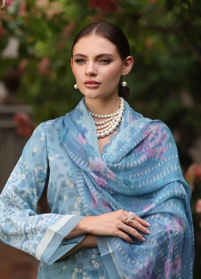 Close-up of Swiss lawn fabric with signature print