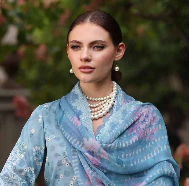 Close-up of Swiss lawn fabric with signature print