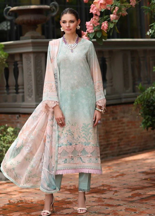 Model wearing Nureh Swiss lawn stitched suit with chiffon dupatta