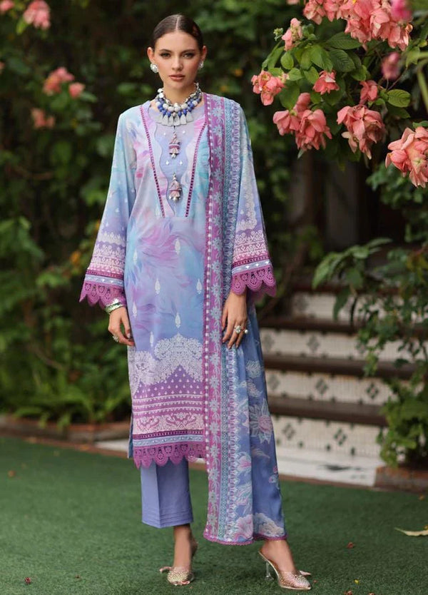 Model wearing Nureh Swiss lawn stitched suit with chiffon dupatta