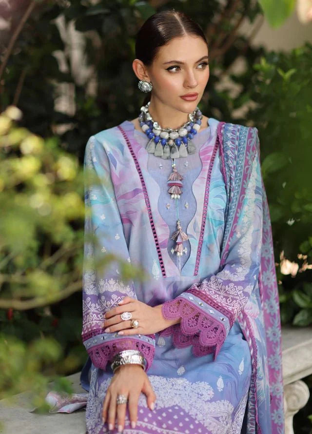 Detailed neckline and sleeve design on stitched Swiss lawn shirt