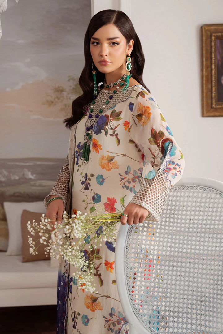 Close-up of embroidered chiffon dupatta with organza border