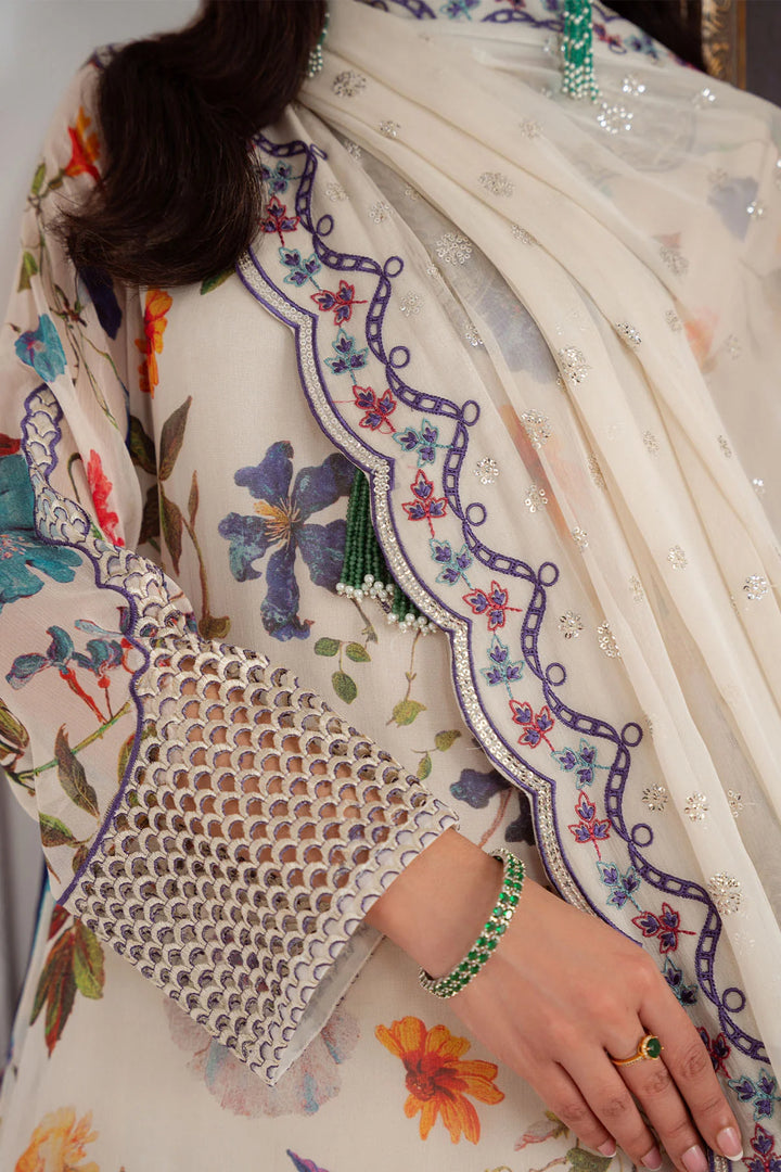 Close-up of embroidered chiffon dupatta with organza border