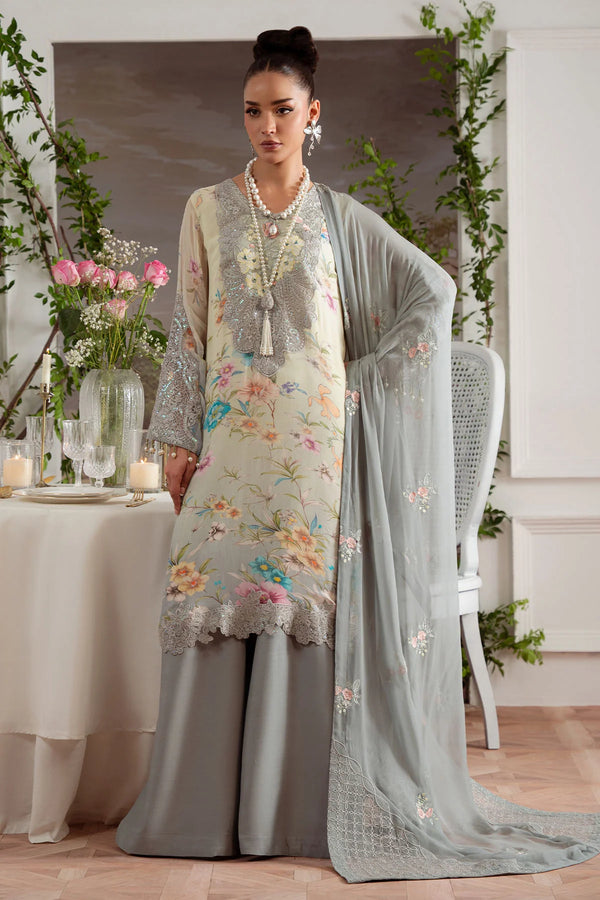 Amaya embroidered chiffon suit with luxury neckline and sequin work