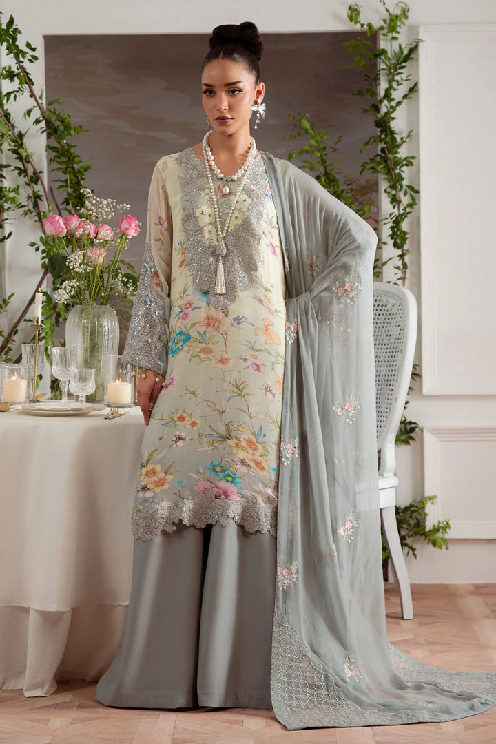 Amaya embroidered chiffon suit with luxury neckline and sequin work