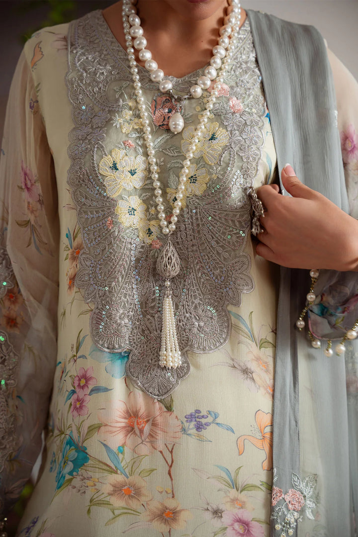 Close-up of Amaya chiffon shirt embroidery with delicate threadwork