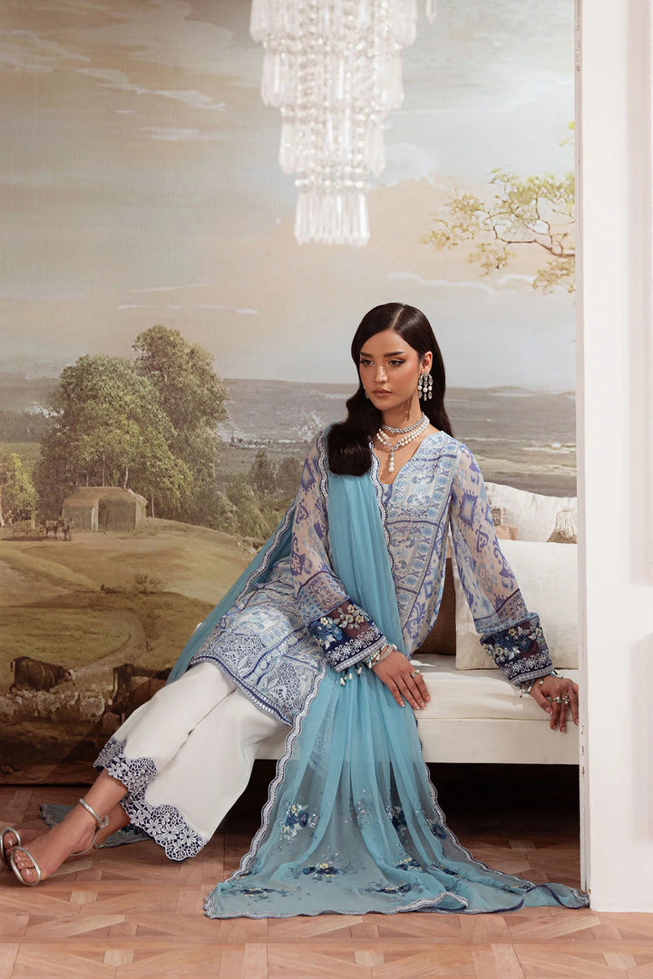 Amaya pastel chiffon outfit styled with nude heels and jewelry