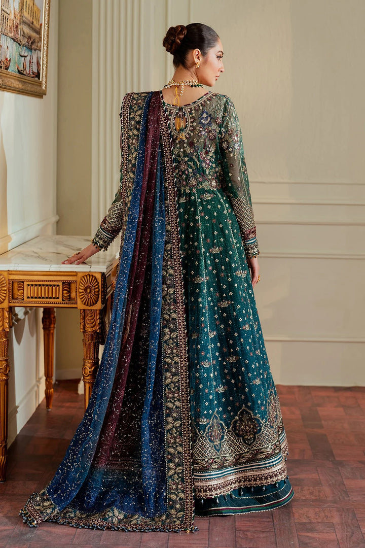back angle of stitched chiffon Pakistani suit with velvet and organza embroidery