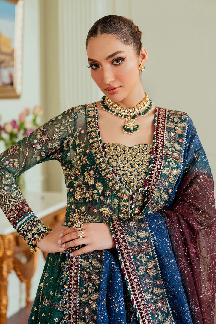 neckline stitched chiffon Pakistani suit with velvet and organza embroidery
