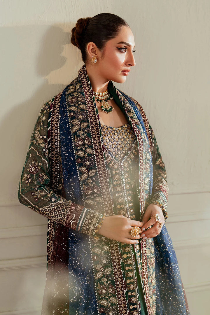 formal view stitched chiffon Pakistani suit with velvet and organza embroidery