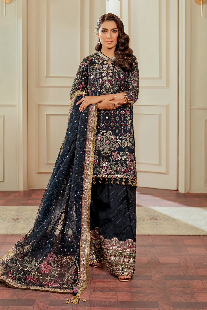 stitched raw silk Pakistani formal outfit with embroidered dupatta and shalwar
