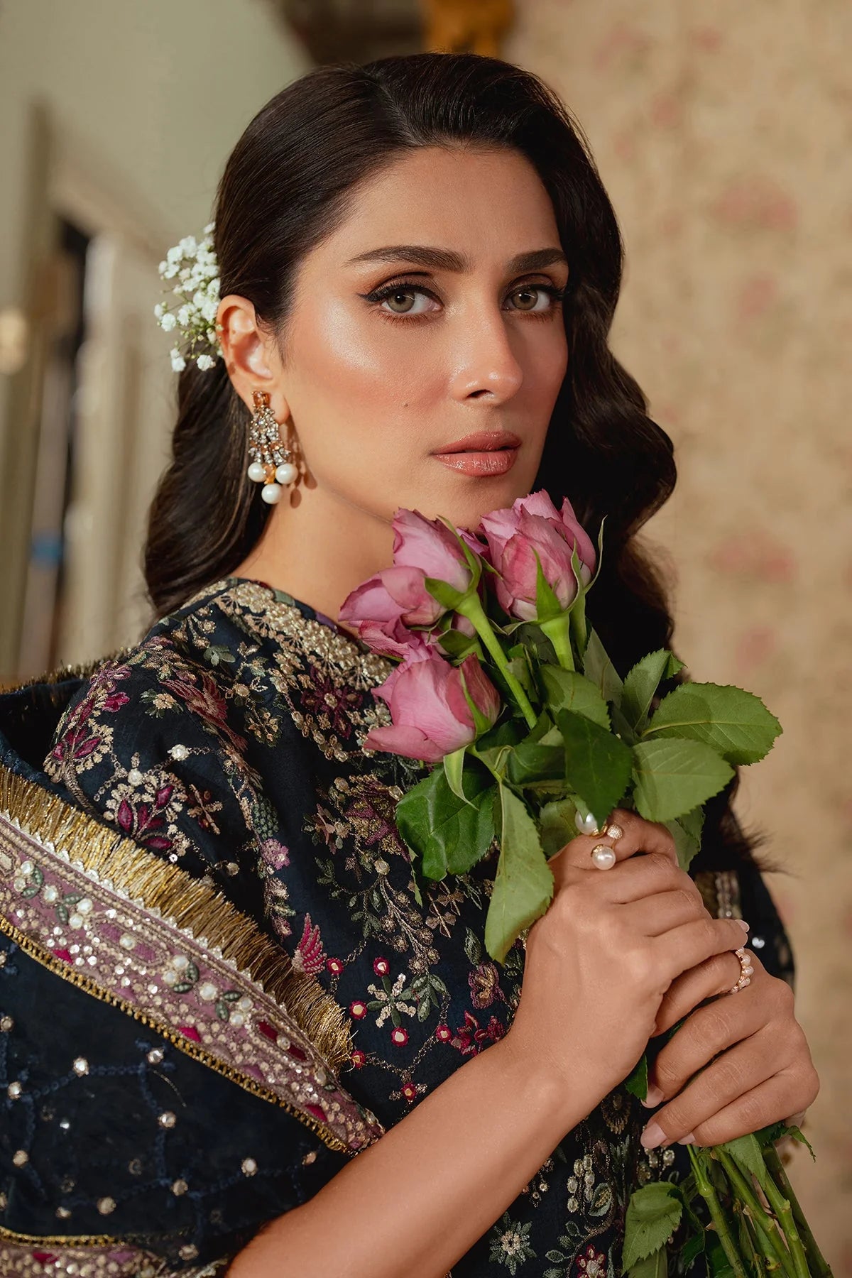 flower stitched raw silk Pakistani formal outfit with embroidered dupatta and shalwar
