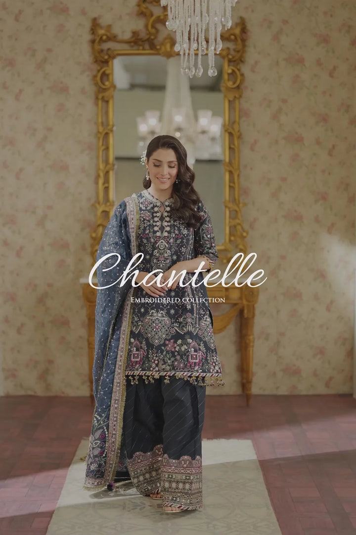 front video stitched raw silk Pakistani formal outfit with embroidered dupatta and shalwar
