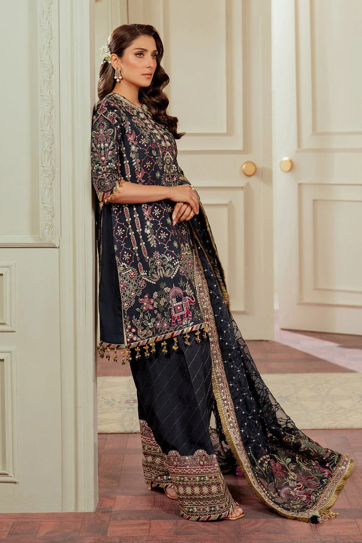 side angle stitched raw silk Pakistani formal outfit with embroidered dupatta and shalwar
