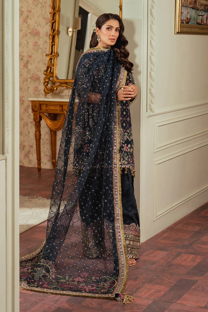 dupatta view stitched raw silk Pakistani formal outfit with embroidered dupatta and shalwar
