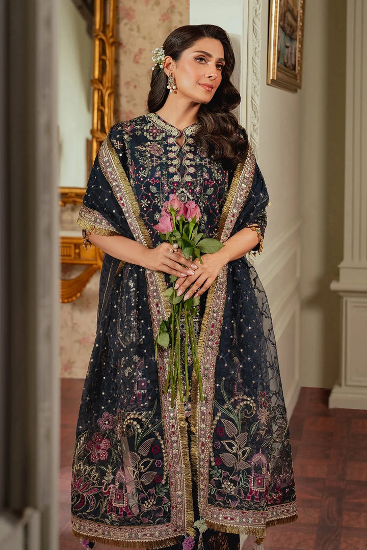 border view stitched raw silk Pakistani formal outfit with embroidered dupatta and shalwar

