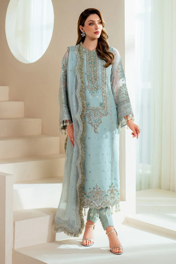 Model wearing Orla ice blue bamber chiffon outfit with hand embroidery and chiffon dupatta