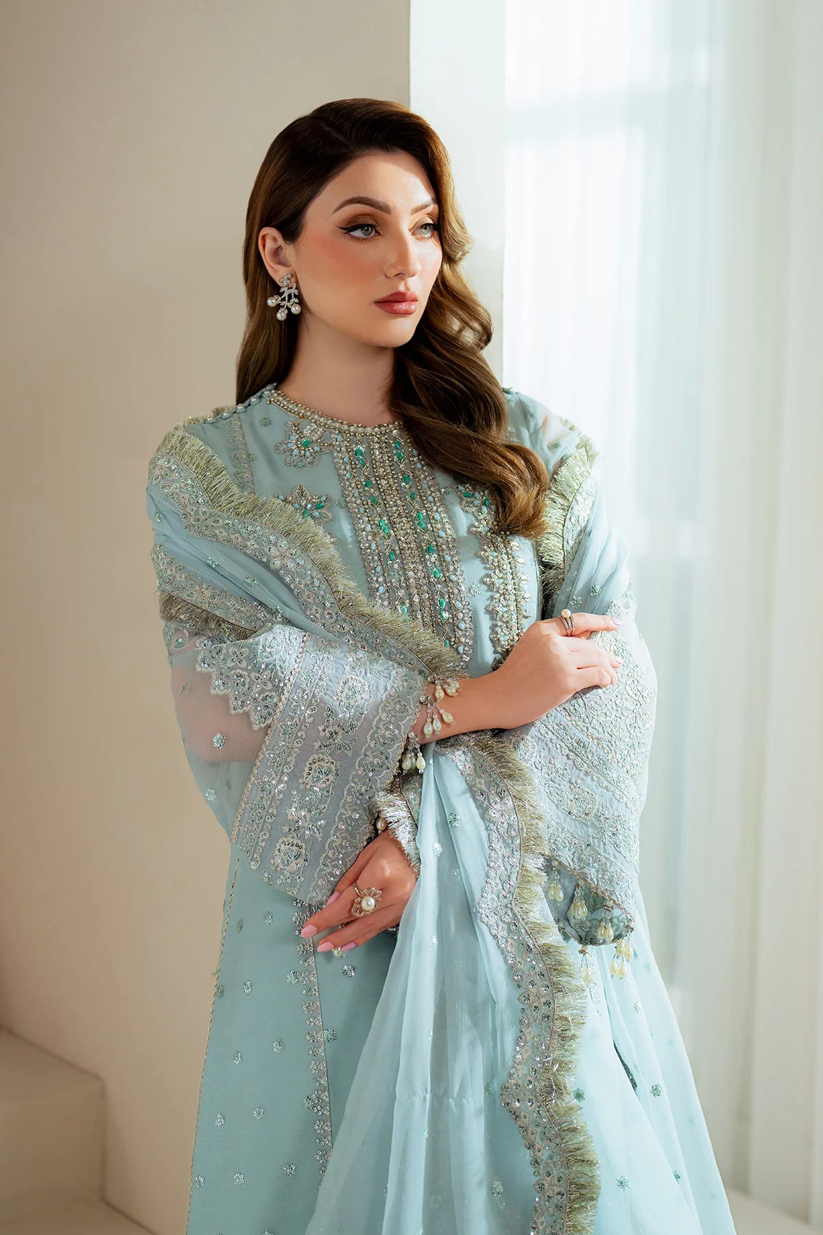Full view of Orla embroidered chiffon dress with printed raw silk trousers and contrast dupatta