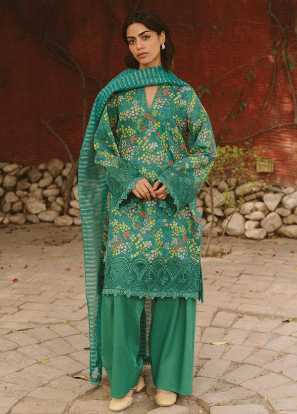 Front view of Ayzel embroidered lawn outfit with matching trousers