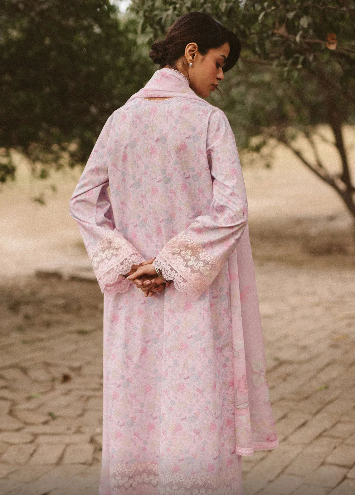 Back view showing chiffon dupatta drape and shirt embroidery