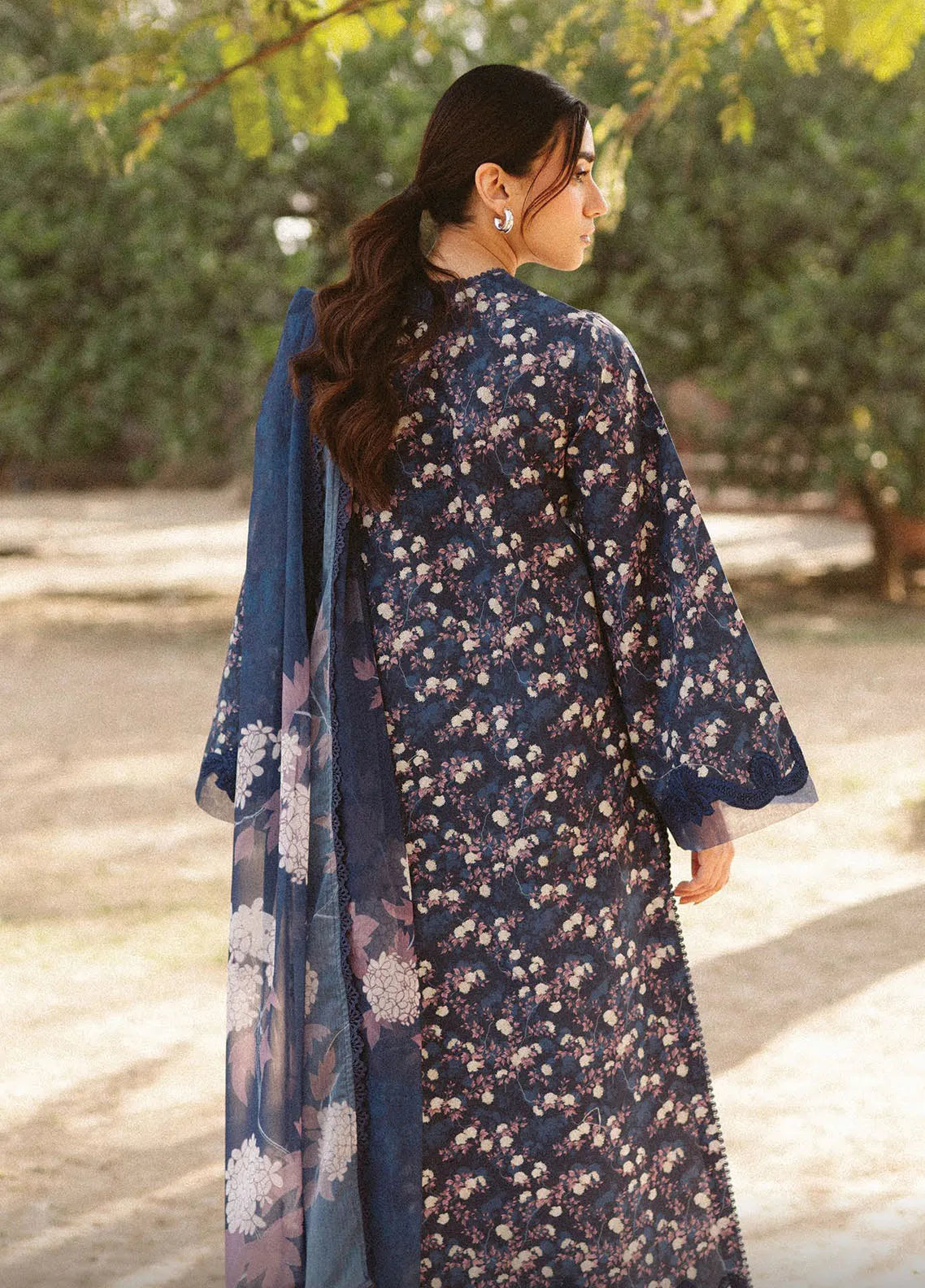 Back view showing chiffon dupatta drape and shirt embroidery