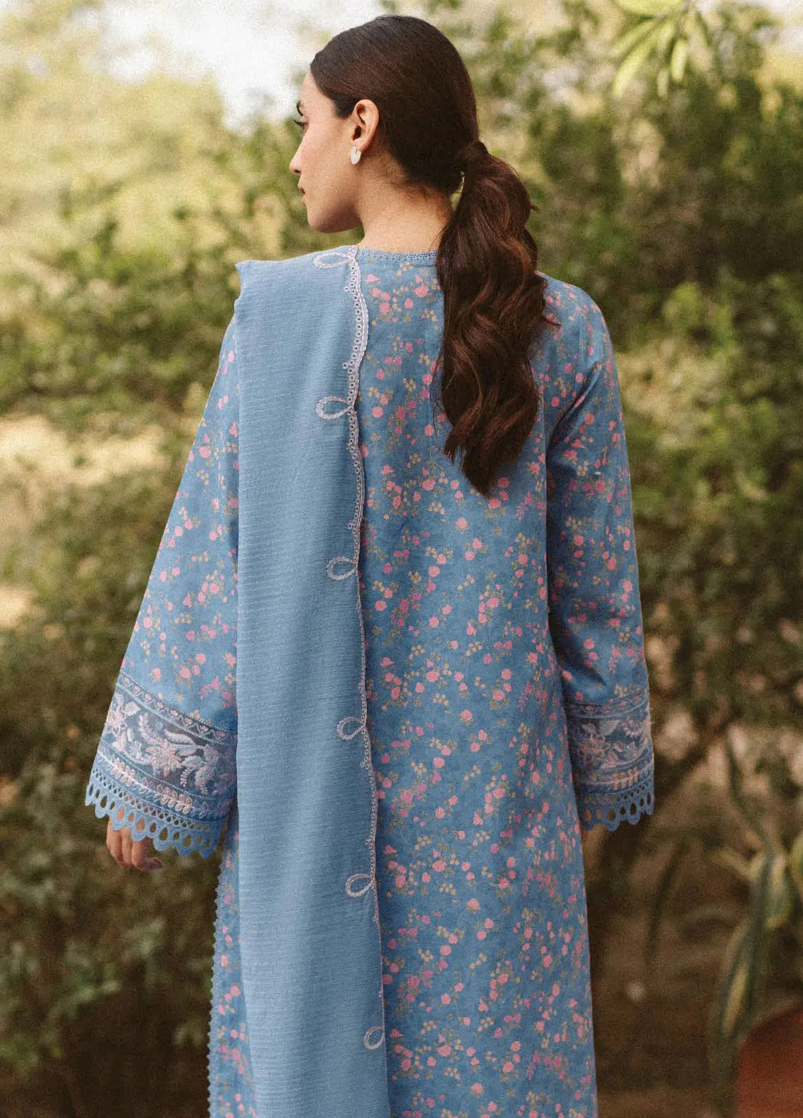 Back view showing chiffon dupatta drape and shirt embroidery