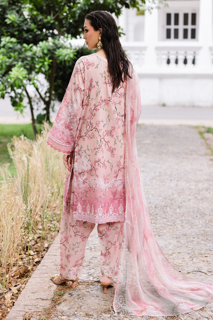 Full front view of Nureh embroidered lawn outfit with cotton trouser