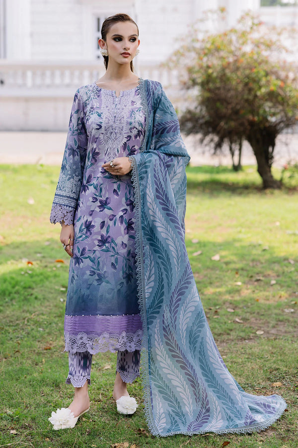 Model wearing Nureh 3-piece lawn suit with printed chiffon dupatta and Chikankari neckline
