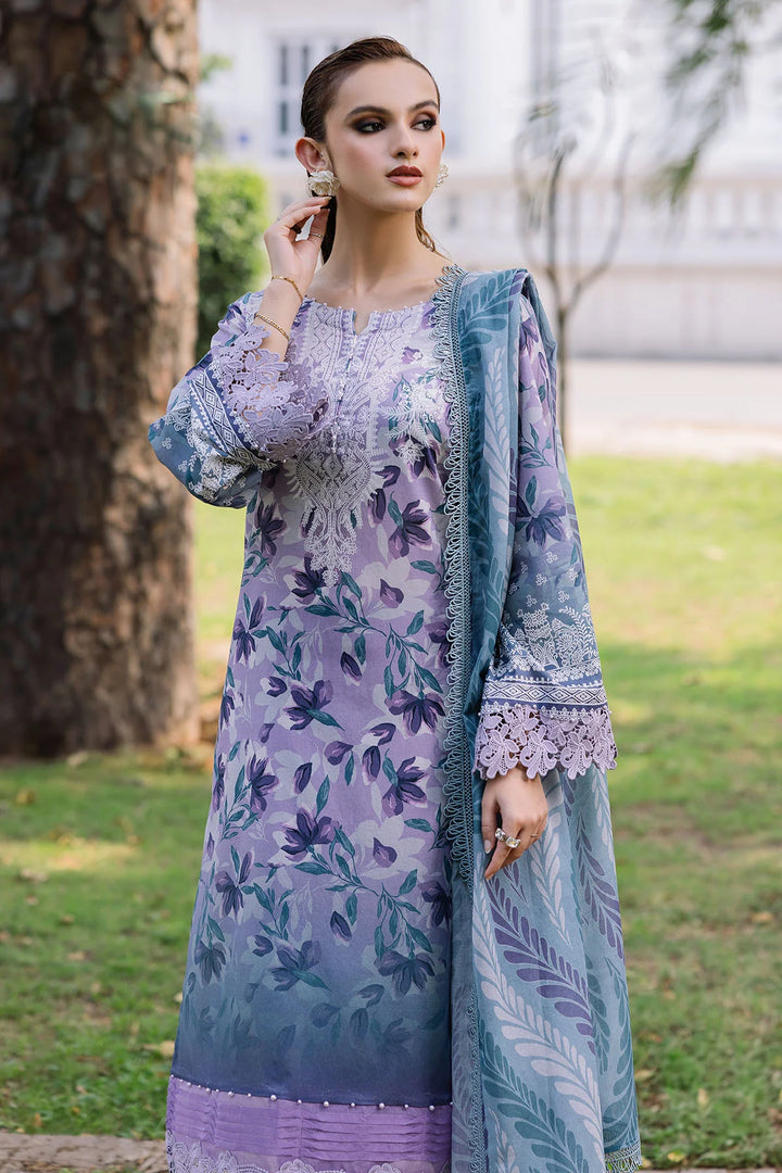 Close-up of neckline detailing on Nureh printed lawn shirt with Chikankari lace
