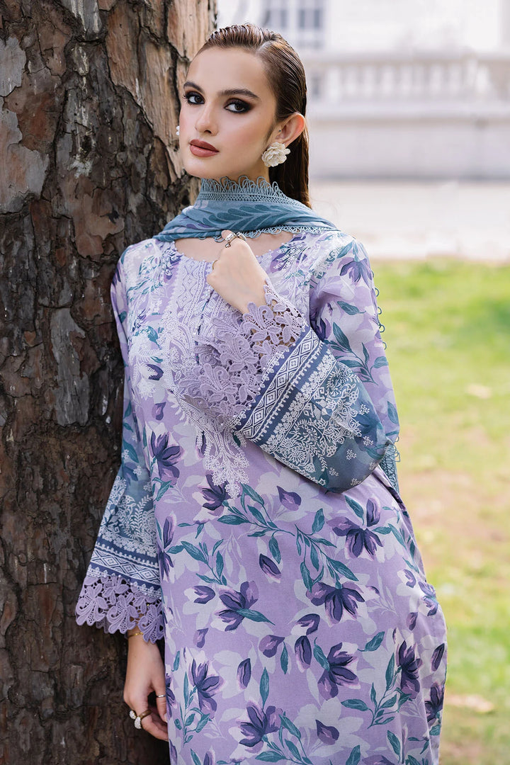 Full front view of Nureh embroidered lawn outfit with cotton trouser