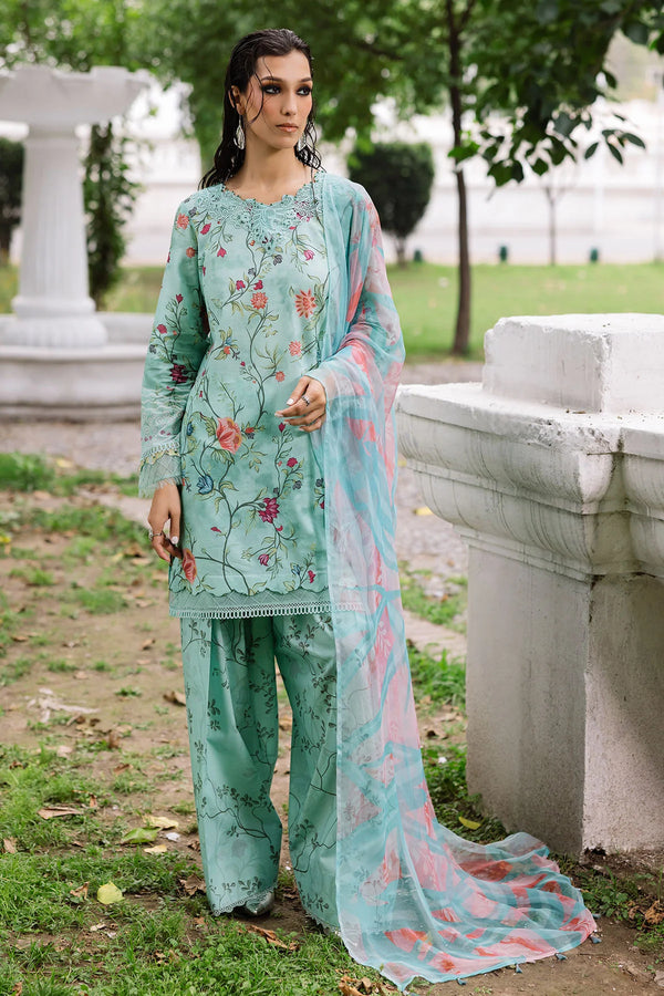 Model wearing Nureh 3-piece lawn suit with printed chiffon dupatta and Chikankari neckline