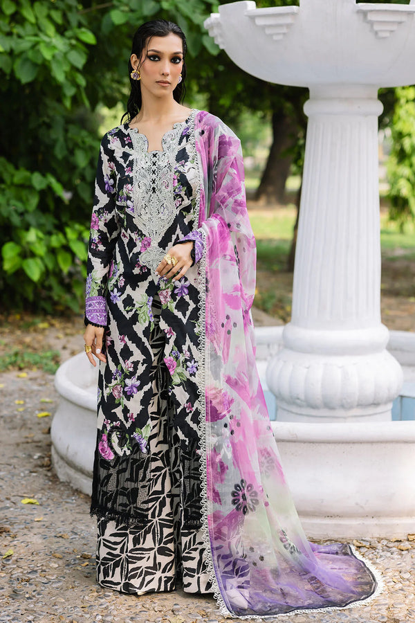 Model wearing Nureh 3-piece lawn suit with printed chiffon dupatta and Chikankari neckline