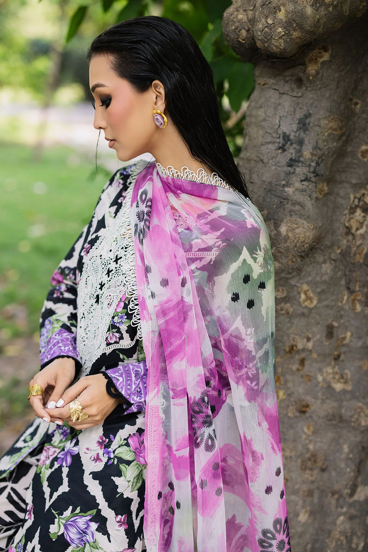 Close-up of neckline detailing on Nureh printed lawn shirt with Chikankari lace