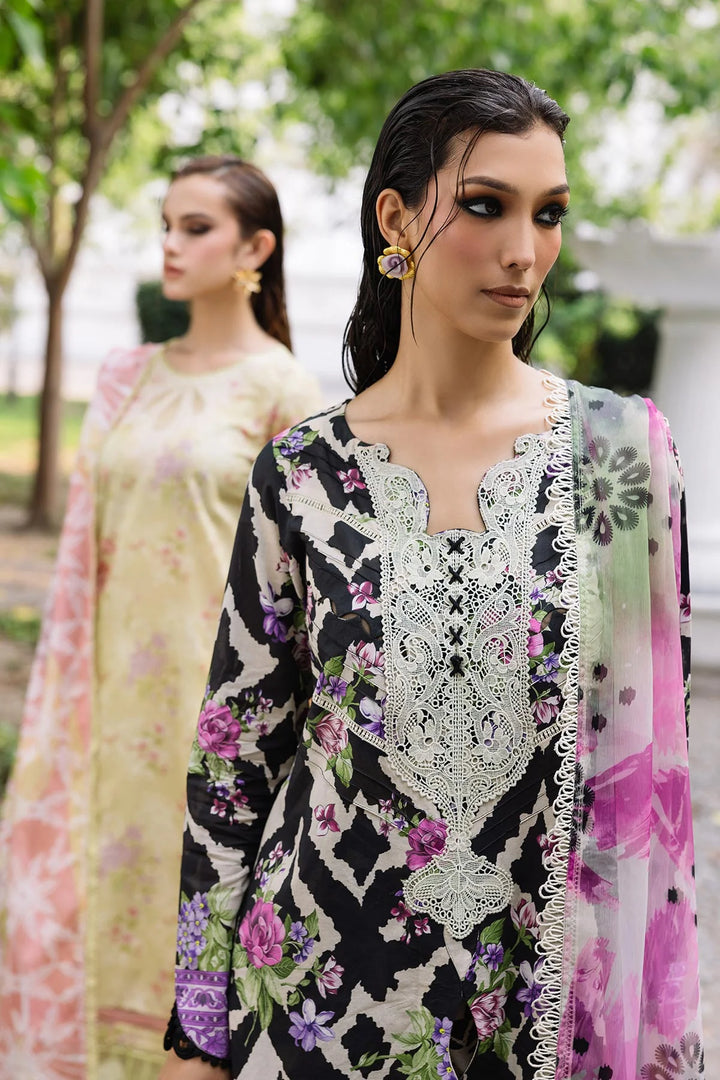 Model seated in Nureh lawn dress, highlighting fabric texture and elegance