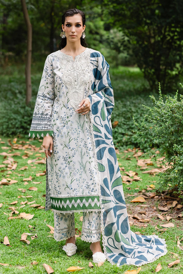 Model wearing Nureh 3-piece lawn suit with printed chiffon dupatta and Chikankari neckline