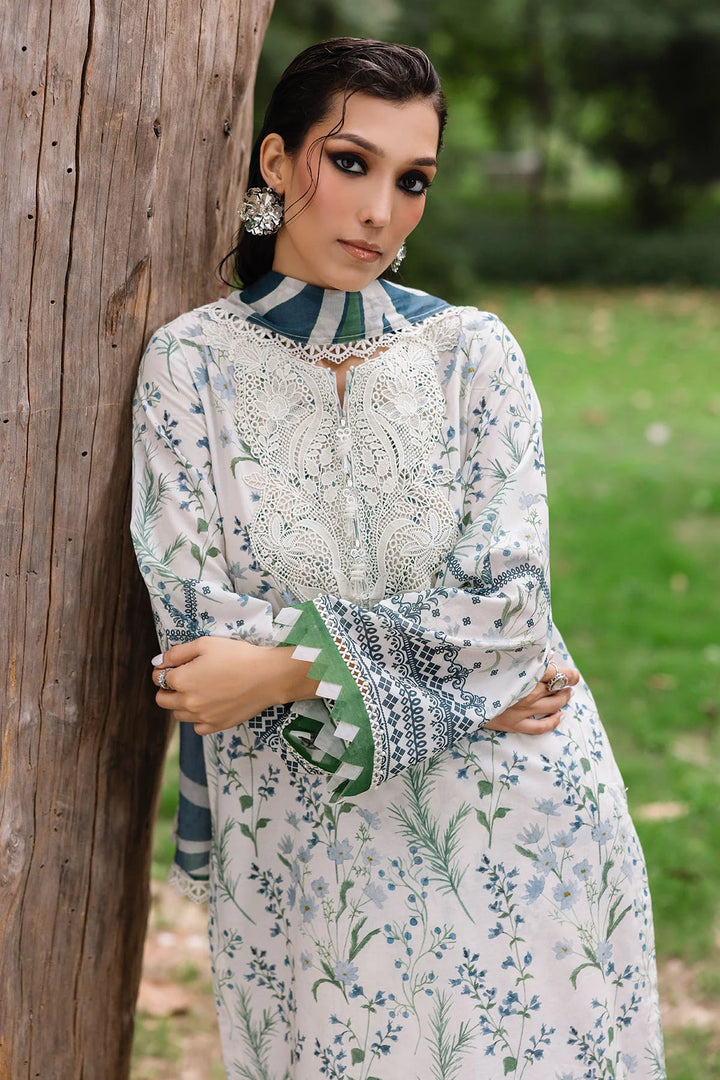 summer collection Close-up of neckline detailing on Nureh printed lawn shirt with Chikankari lace