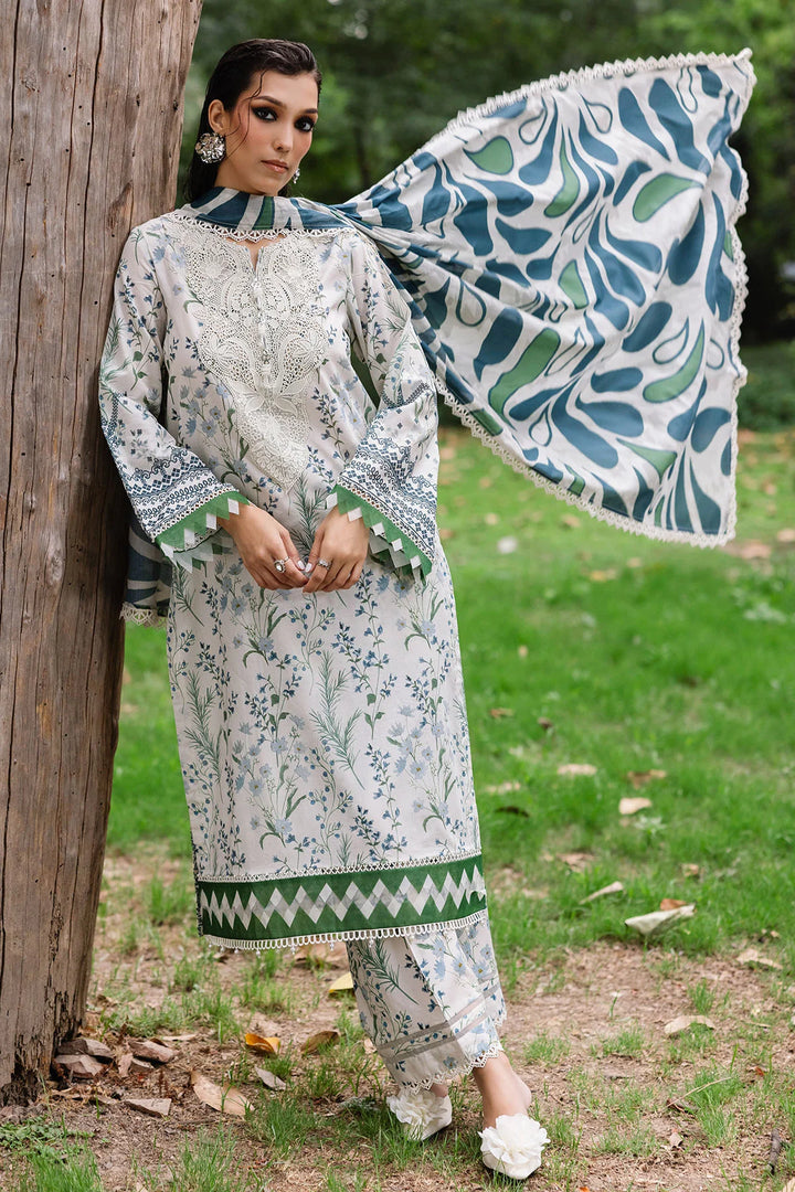 3 - 5 days delivery Full front view of Nureh embroidered lawn outfit with cotton trouser