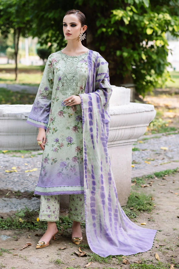 Model wearing Nureh 3-piece lawn suit with printed chiffon dupatta and Chikankari neckline