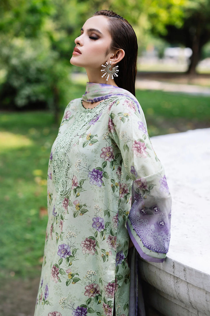 Close-up of neckline detailing on Nureh printed lawn shirt with Chikankari lace