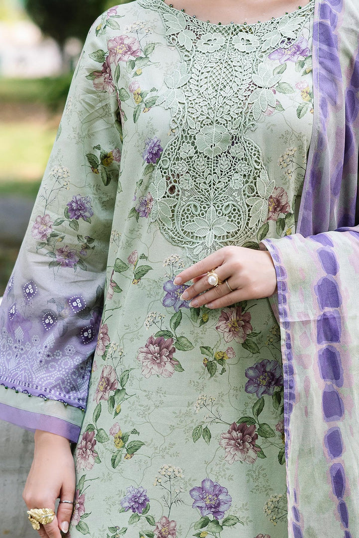 Close-up of neckline detailing on Nureh printed lawn shirt with Chikankari lace