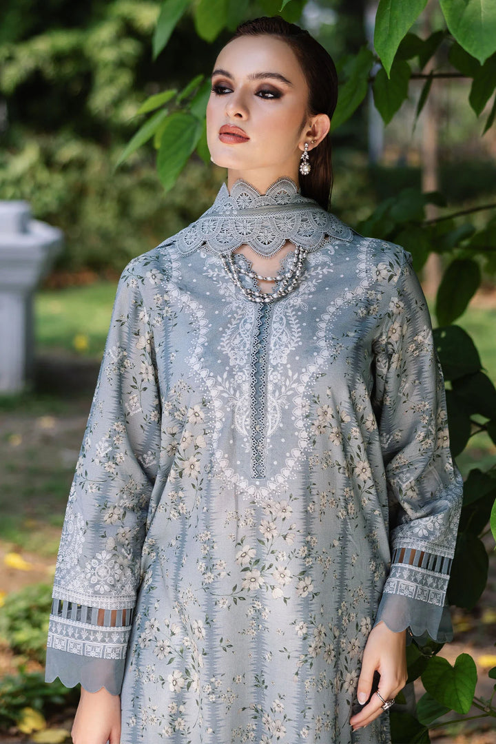 Close-up of neckline detailing on Nureh printed lawn shirt with Chikankari lace