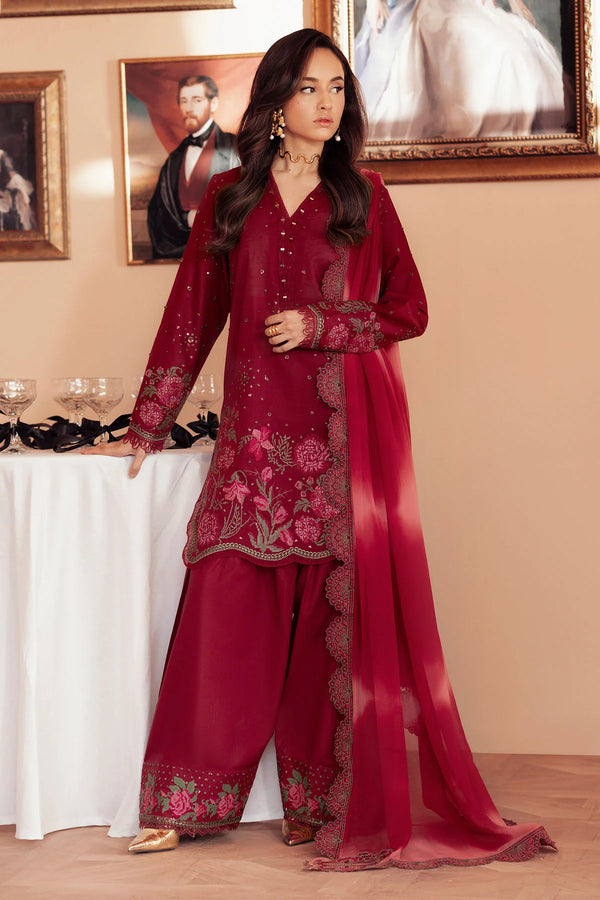 Front view of FEYA Collection embroidered lawn suit with chiffon dupatta

