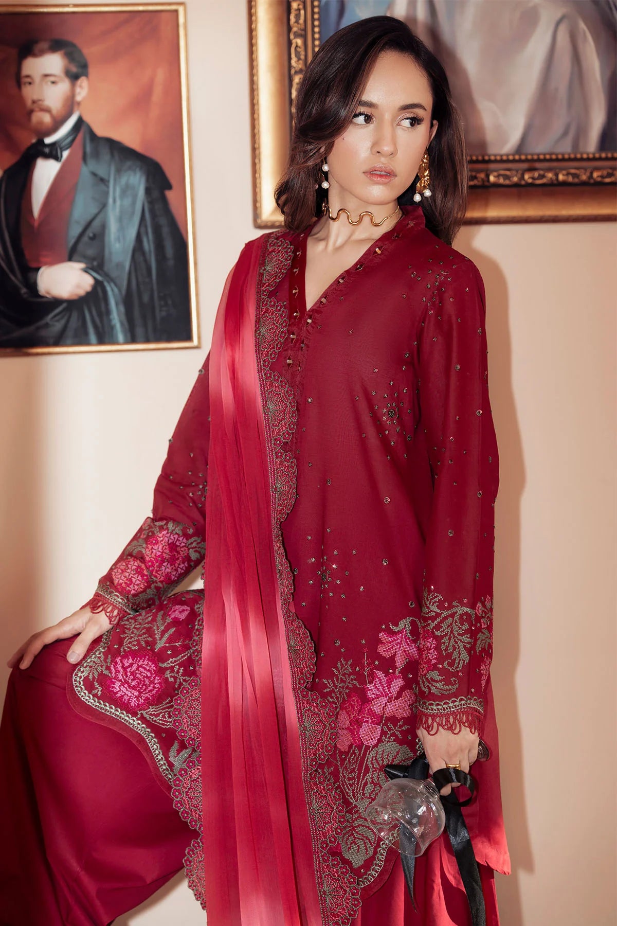 Close-up of intricate chickenkari embroidery on luxury lawn shirt
