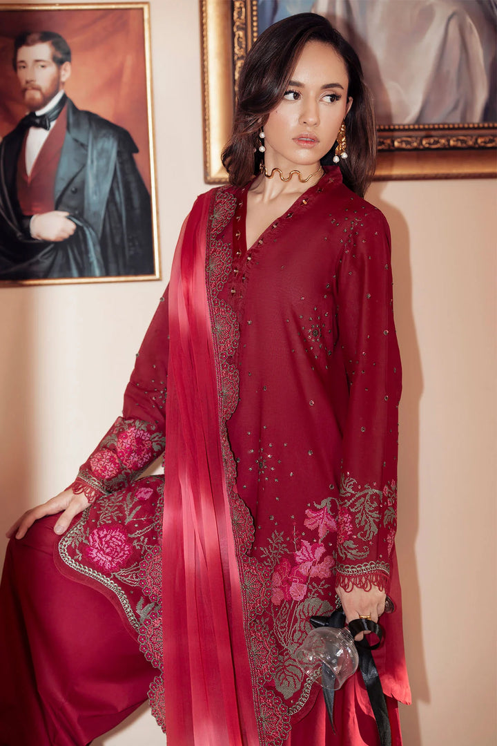 Close-up of intricate chickenkari embroidery on luxury lawn shirt
