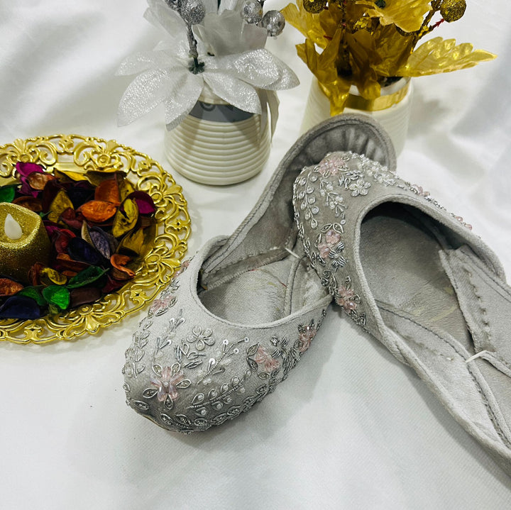GREY velvet embroidered khussas for women with golden threadwork – handcrafted traditional flats by Naaz by Nazia