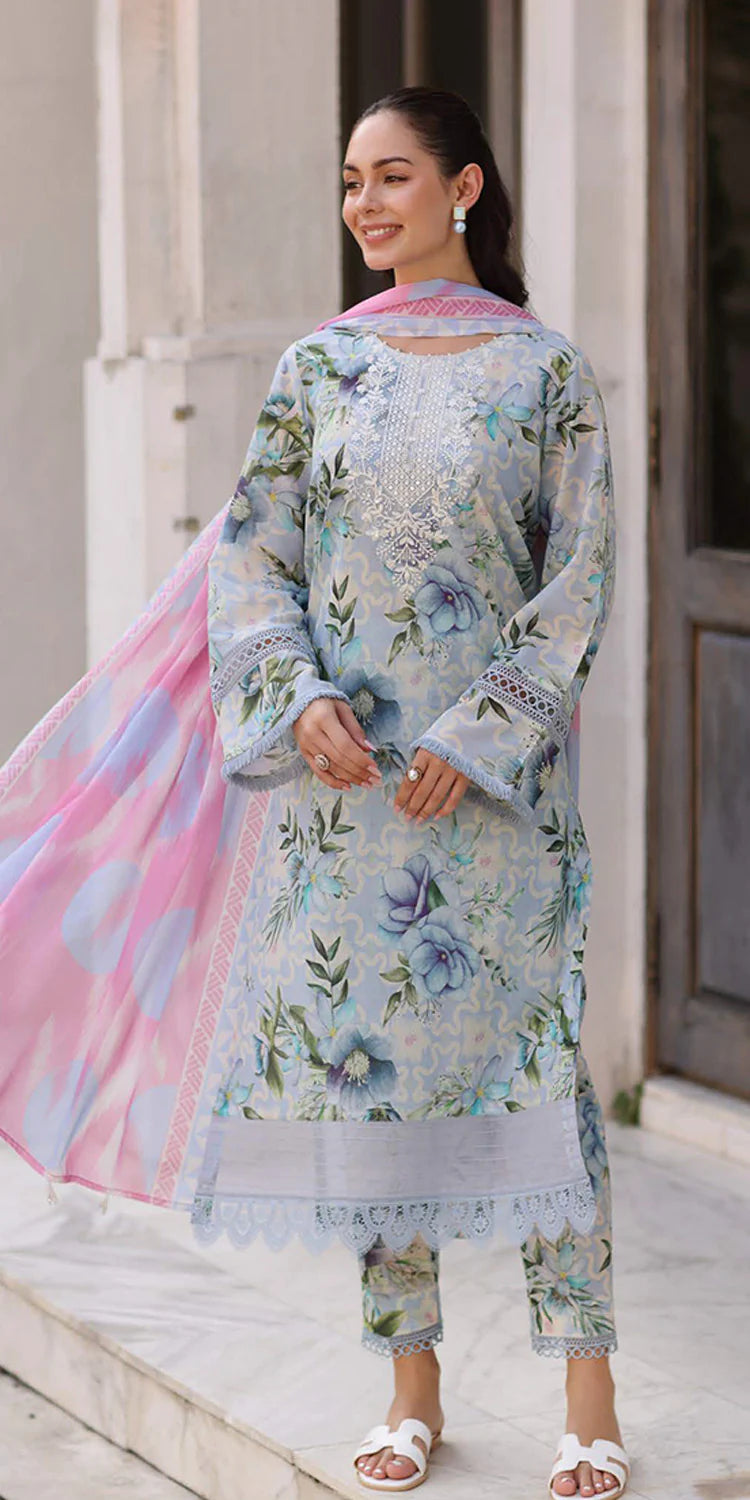 side Riaz Arts Embroidered Lawn 3-Piece Suit with Chiffon Dupatta and Cotton Trouser – Naaz by Nazia
