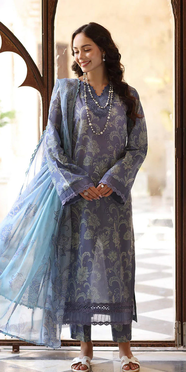 Riaz Arts Embroidered Lawn 3-Piece Suit with Chiffon Dupatta and Cotton Trouser – Naaz by Nazia
