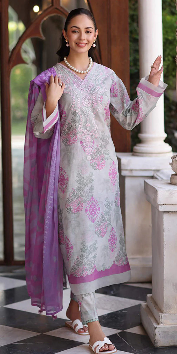 Riaz Arts Embroidered Lawn 3-Piece Suit with Chiffon Dupatta and Cotton Trouser – Naaz by Nazia

