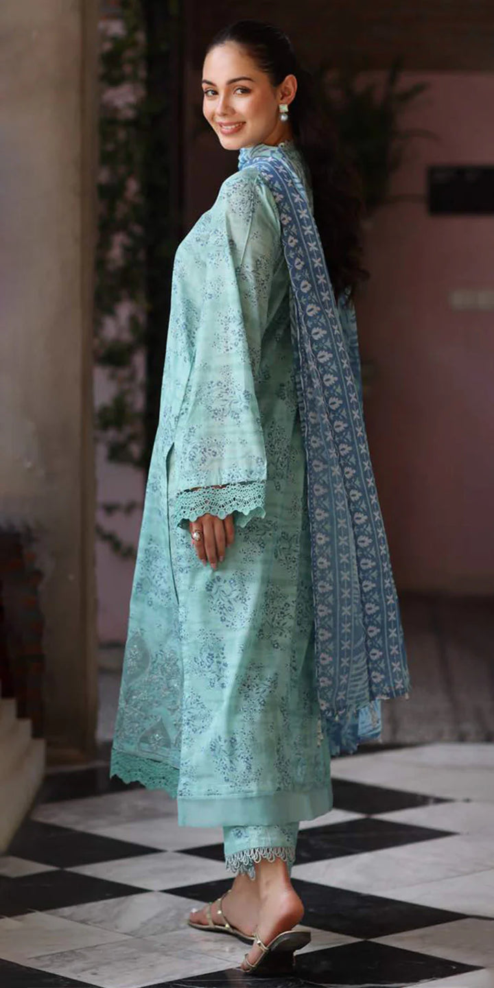 side angle Riaz Arts Embroidered Lawn 3-Piece Suit with Chiffon Dupatta and Cotton Trouser – Naaz by Nazia
